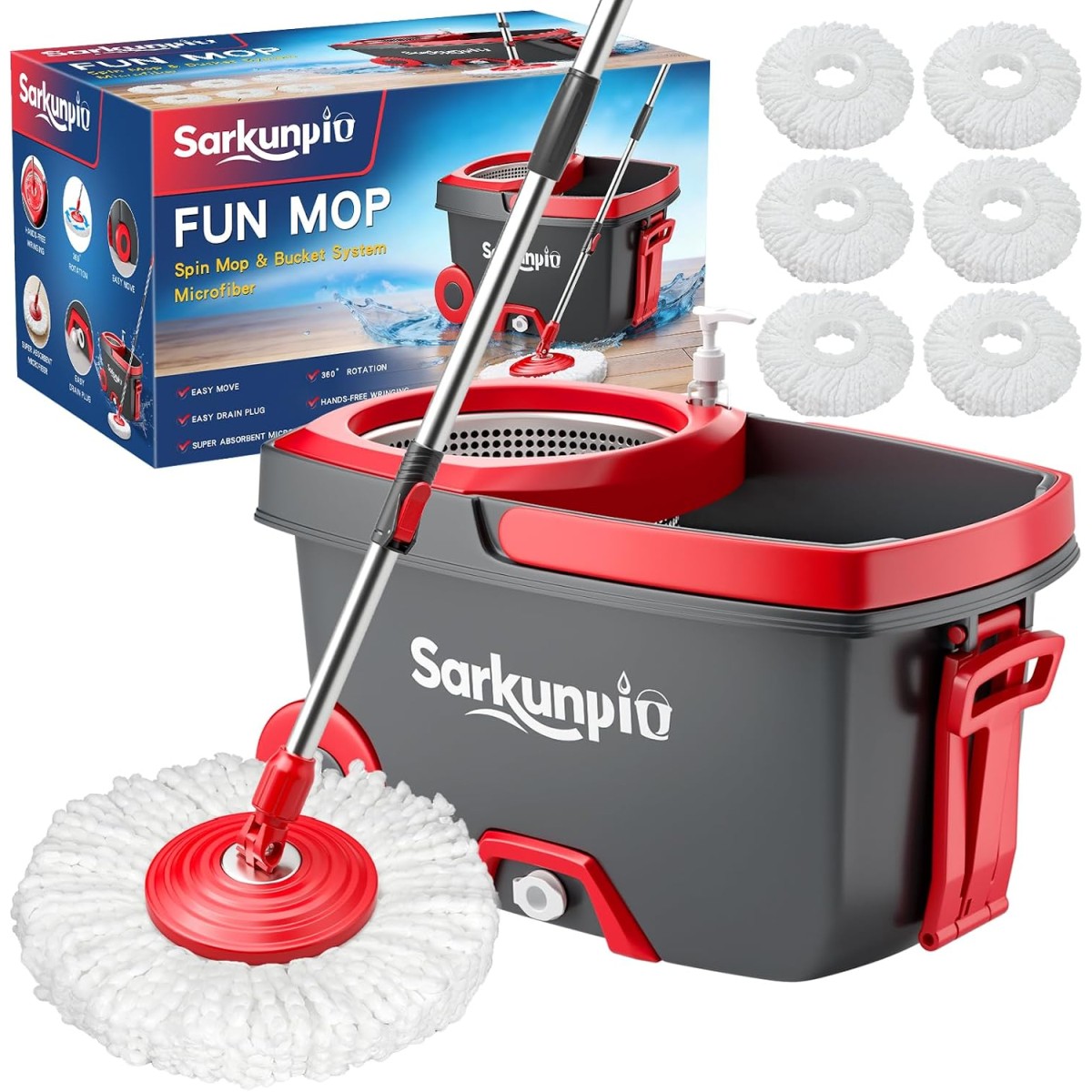 Spin Mop and Bucket Set with 6 Microfiber Heads, Deep Grey
